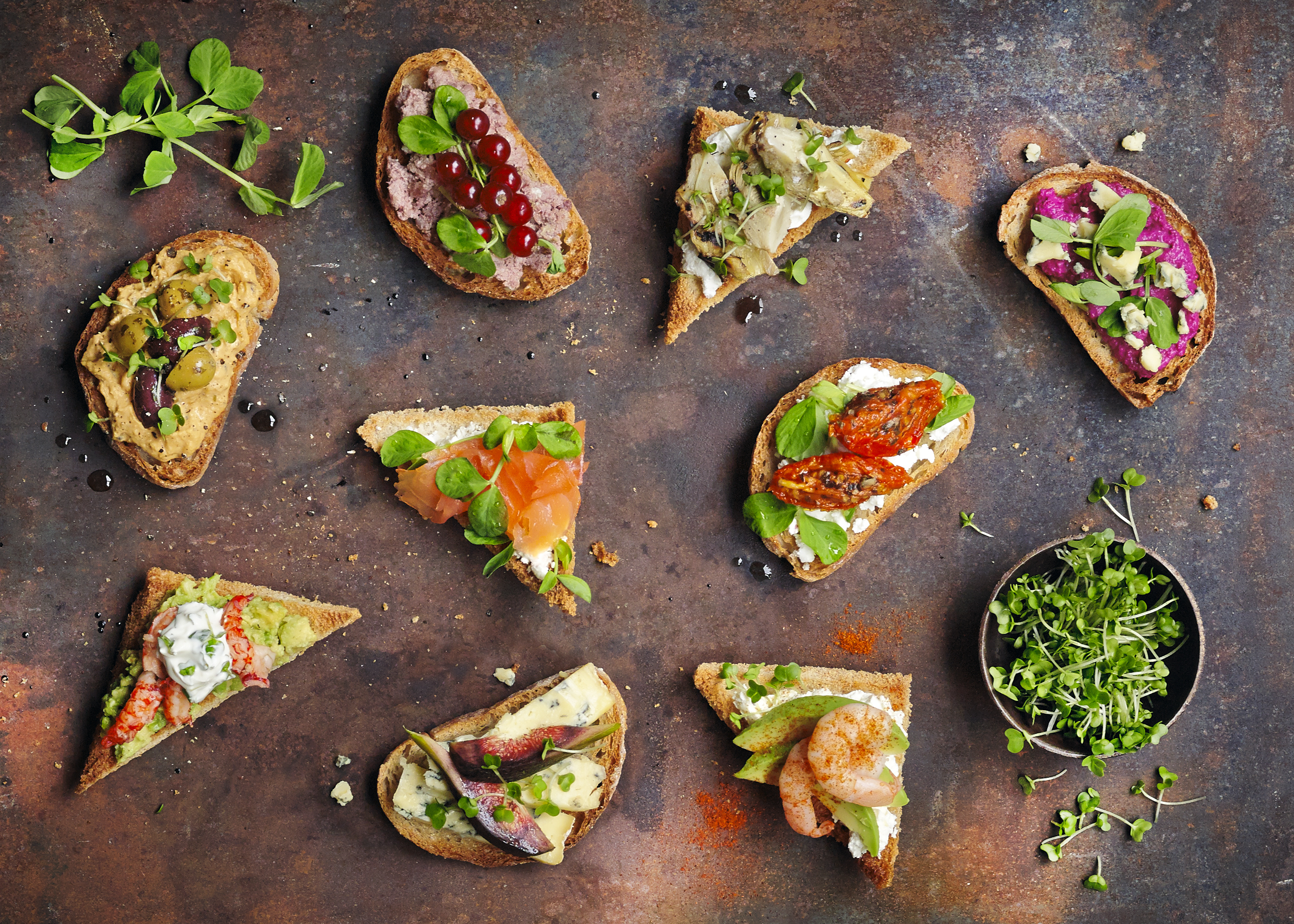 Party nibbles with salad cress and pea shoots